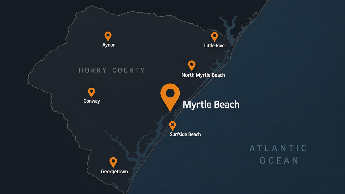 MLK9 Myrtle Beach service area map showing Horry County and surrounding cities